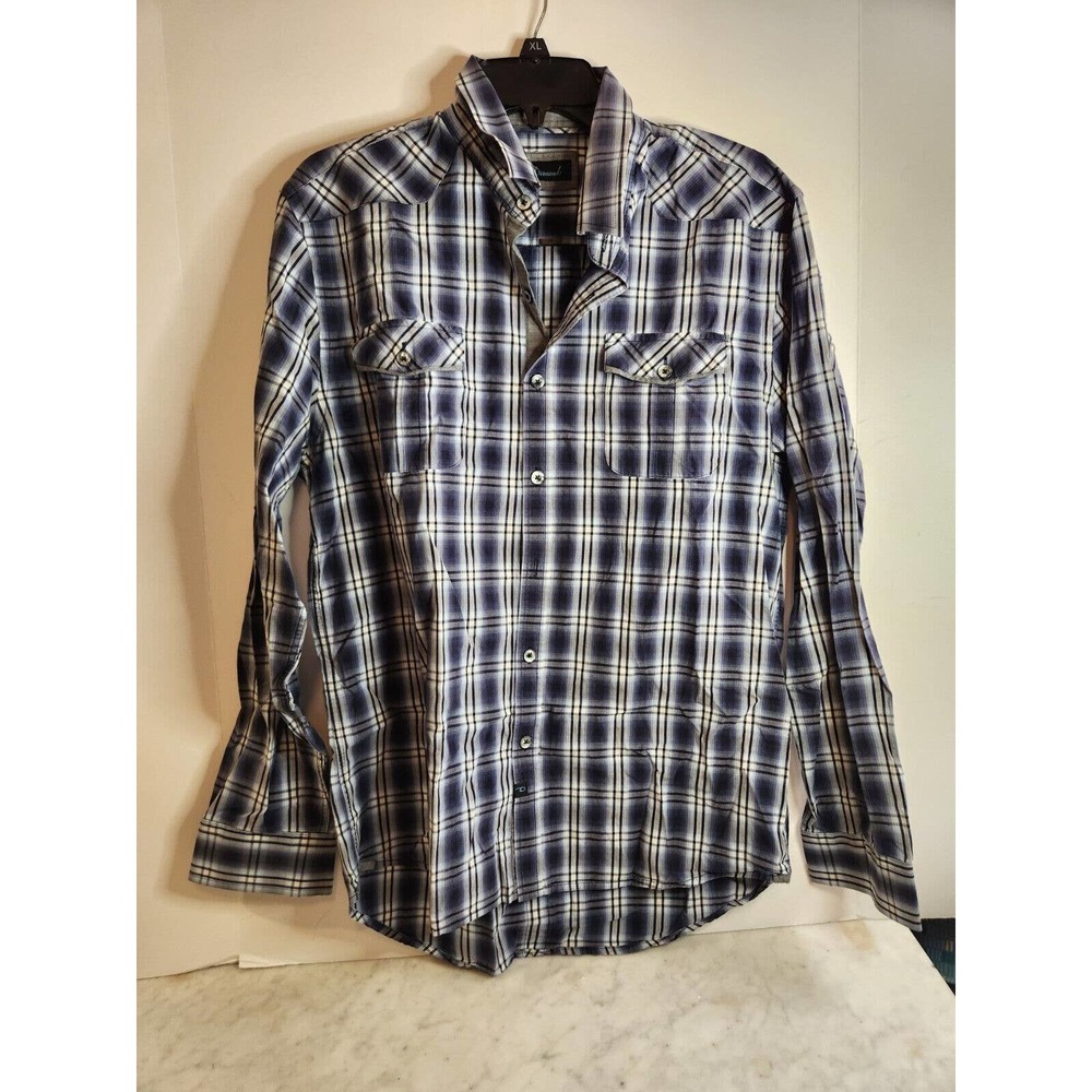 7 Diamonds Adult L Long Sleeve Shirt Button Down Blue White Madras Plaid Western